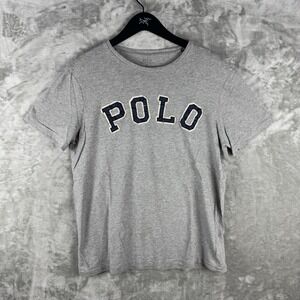 Ralph Lauren Polo Shirt Stitched Spell Out Crew Grey Mens Large Cotton Preppy